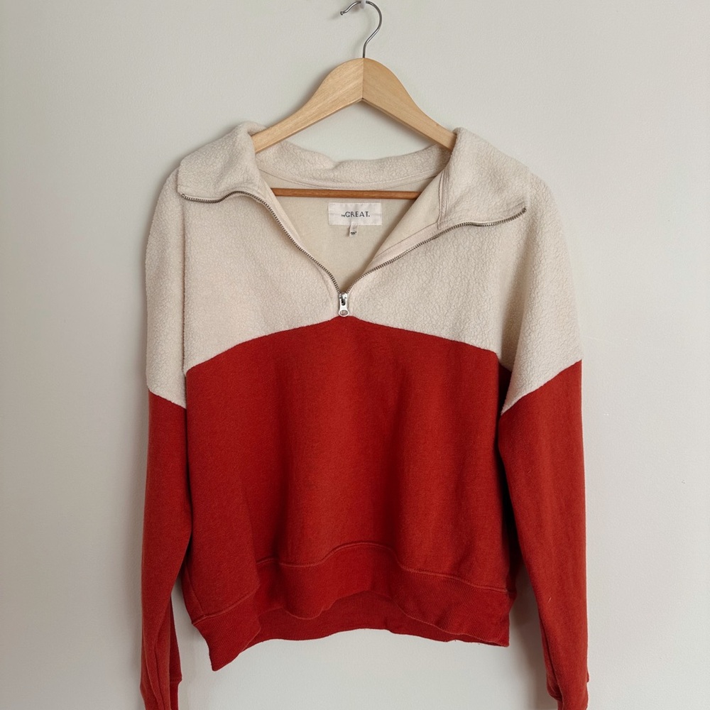 The Great. Red & Cream Half-Zip Pullover